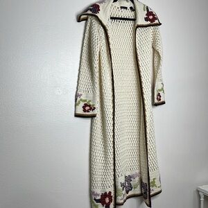 Moda International Cream Long Crochet Cardigan with Floral Accents